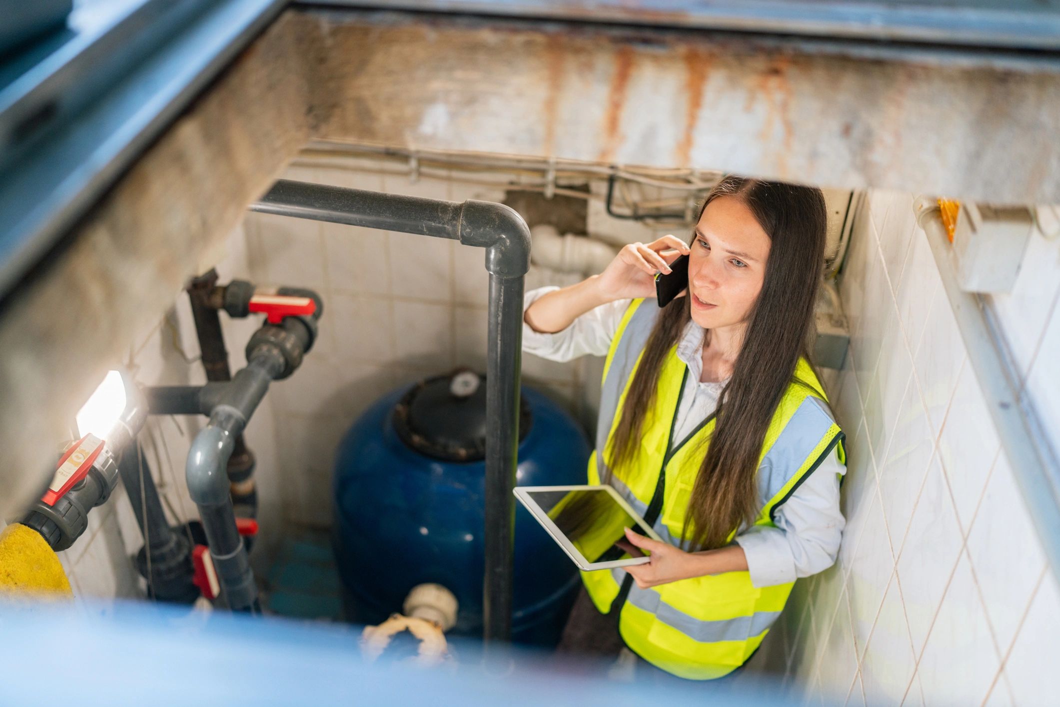 Technician inspecting pipes and equipment